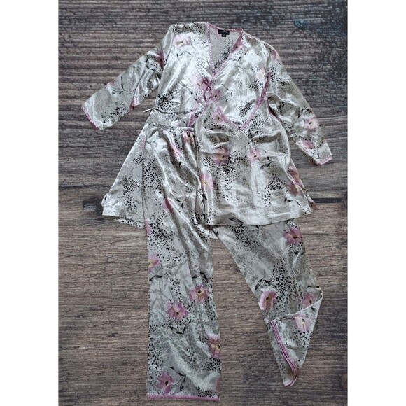 Jones New York Robe Tank Pant Pajama 3pc Set Women Medium Floral Leopard - Picture 1 of 7